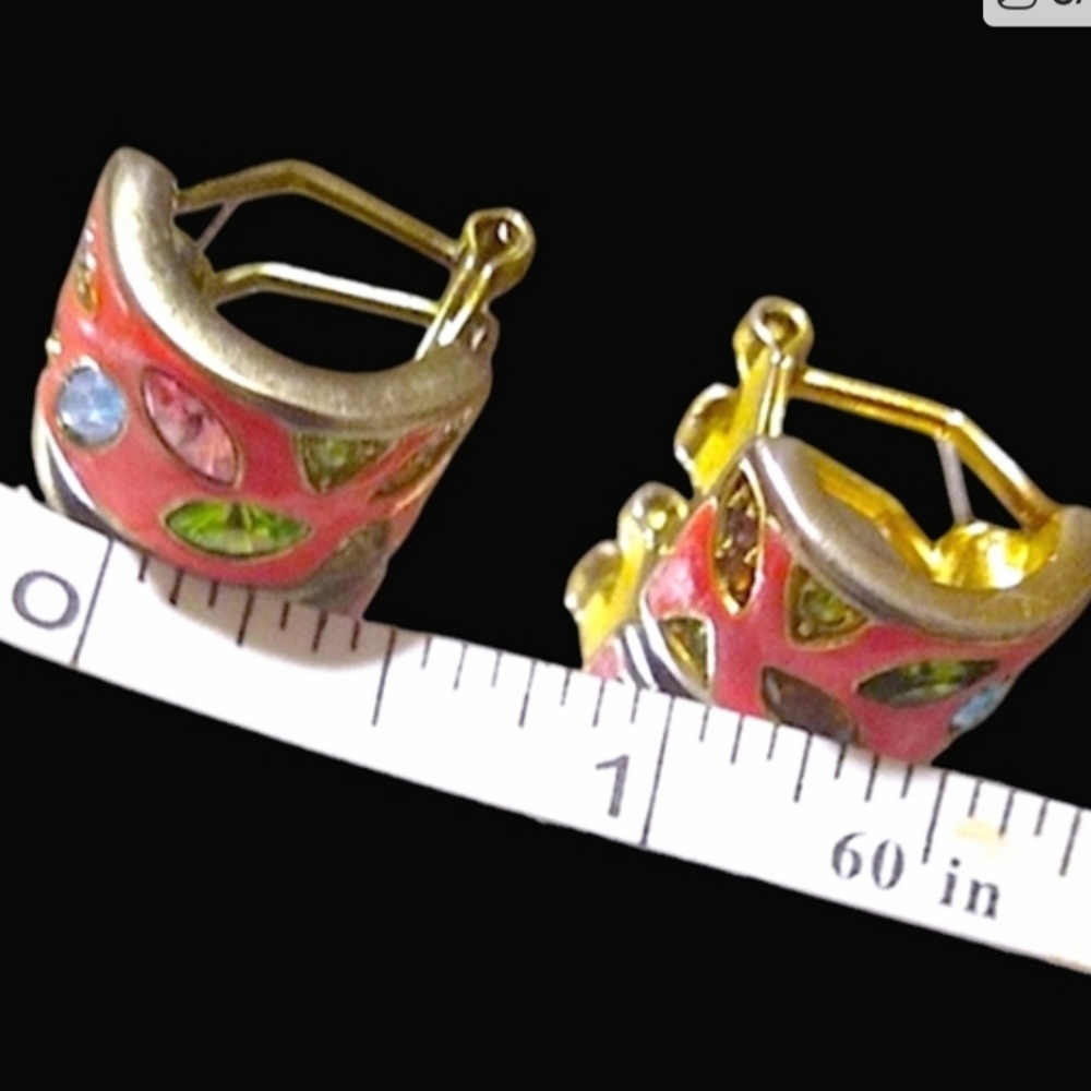 Colorful Gemstones Hoop Earrings Vintage 70s Enemal Sparkly 1 Inch See Pics - Picture 2 of 5